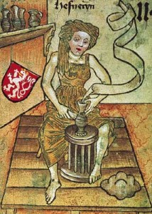 Hafnerin aus dem Hofämterspiel, mit Blockscheibe, um 1450